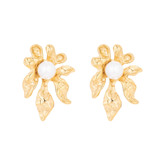 Golden Leaf Pearl Stud Earrings