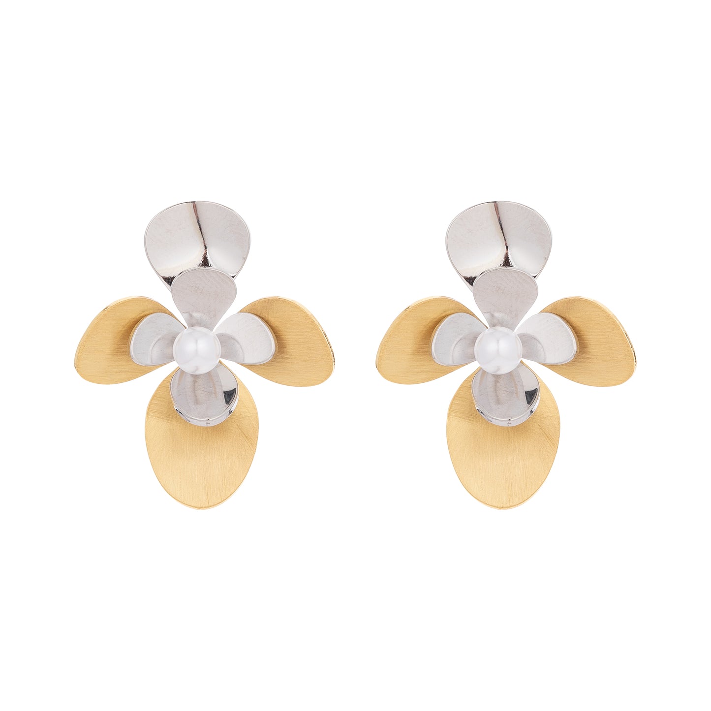 Golden And Silver Dual Flower Stud Earrings