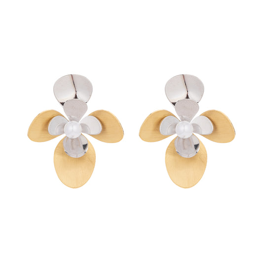 Golden And Silver Dual Flower Stud Earrings