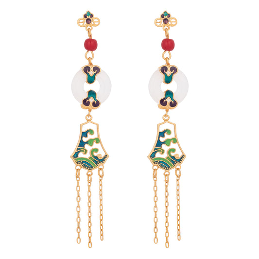 Chinese-Style White Jade Tassel Earrings