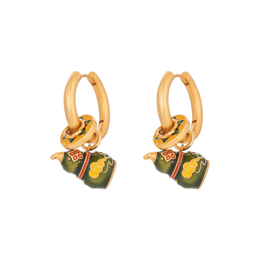 Chinese-Style Gold Hoop Treasure Gourd Earrings